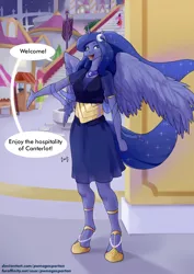 Size: 905x1280 | Tagged: safe, artist:pwnagespartan, derpibooru import, princess luna, alicorn, anthro, unguligrade anthro, breasts, busty princess luna, canterlot, clothes, dialogue, digital art, dress, female, horn, image, jpeg, open mouth, solo, solo female, speech bubble, spread wings, tail, talking, text, thighs, wings