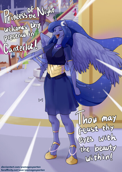 Size: 905x1280 | Tagged: safe, alternate version, artist:pwnagespartan, derpibooru import, princess luna, alicorn, anthro, unguligrade anthro, breasts, busty princess luna, canterlot, clothes, dialogue, digital art, dress, eyes closed, female, horn, image, jpeg, open mouth, shout, solo, solo female, spread wings, tail, talking, text, thighs, wings