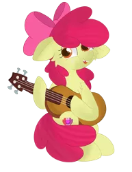 Size: 2550x3300 | Tagged: safe, artist:skyflys, derpibooru import, apple bloom, earth pony, pony, adorabloom, bow, cheek fluff, chest fluff, chipped tooth, cute, female, filly, guitar, image, musical instrument, png, simple background, solo, transparent background