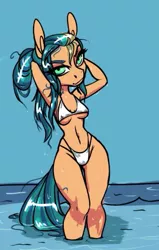 Size: 338x532 | Tagged: suggestive, artist:pixxpal, derpibooru import, oc, oc:playa "spikeball" azul, unofficial characters only, anthro, earth pony, pony, 2020, belly button, bikini, breasts, clothes, female, image, jpeg, mare, ocean, pose, solo, swimsuit, water, wet, wet mane