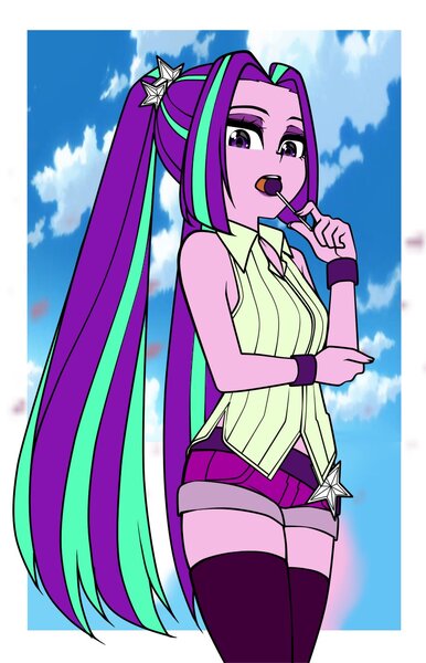 Size: 900x1400 | Tagged: safe, artist:nekojackun, derpibooru import, aria blaze, equestria girls, biting, candy, clothes, cloud, female, food, image, jpeg, lollipop, long hair, looking at you, pigtails, shirt, shorts, sky, socks, solo, thigh highs, twintails, wristband