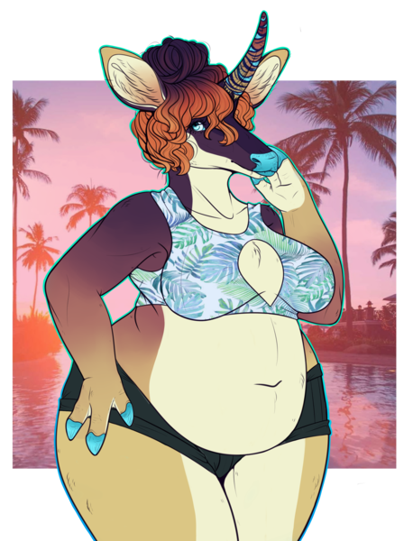 Size: 2269x2971 | Tagged: safe, artist:bluet0ast, derpibooru import, oc, oc:razzle frazzle, unofficial characters only, anthro, unicorn, bikini, bikini top, clothes, curved horn, female, horn, image, nail polish, png, pregnant, simple background, solo, swimsuit, transparent background, trash, unicorn oc