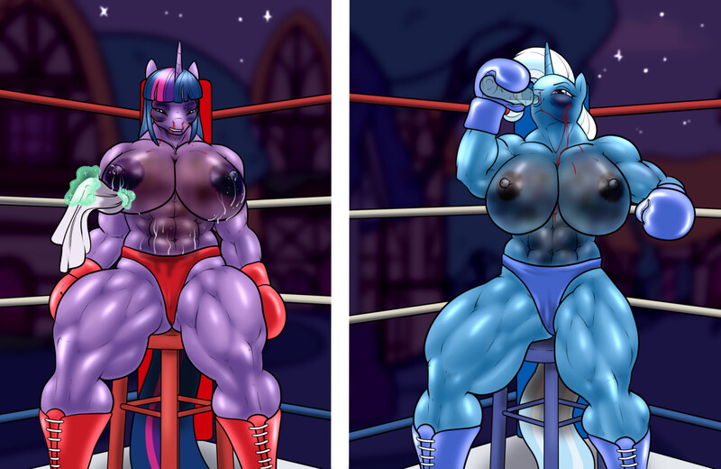 Size: 1280x832 | Tagged: questionable, artist:hellbridge, derpibooru import, trixie, twilight sparkle, anthro, unicorn, abs, areola, biceps, big breasts, black eye, blood, boots, boxing, boxing gloves, boxing ring, breast milk, breasts, bruised, busty trixie, busty twilight sparkle, chair, clothes, digital art, duo, duo female, female, huge breasts, image, jpeg, lactation, milk, muscles, muscular female, nipples, nudity, open mouth, panties, partial nudity, shoes, sitting, sports, tail, thighs, topless, towel, underwear, unicorn twilight, water bottle, wide hips