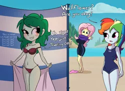 Size: 4125x3000 | Tagged: suggestive, artist:tjpones, derpibooru import, fluttershy, rainbow dash, wallflower blush, equestria girls, barefoot, belly button, big breasts, bikini, blushing, breasts, busty fluttershy, busty wallflower blush, clothes, curvy, dialogue, erect nipples, feet, female, females only, freckles, image, implied vaginal secretions, nipple outline, one-piece swimsuit, png, shoulder freckles, sukumizu, sweat, swimsuit, trio, trio female, wetsuit