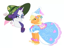 Size: 1280x960 | Tagged: safe, artist:jellynut, derpibooru import, applejack, rarity, earth pony, pony, unicorn, bow, clothes, dress, flower, flower in hair, freckles, hat, image, jewelry, necklace, pearl necklace, png, simple background, white background