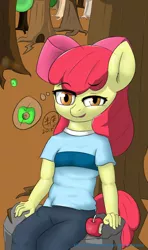 Size: 540x910 | Tagged: safe, artist:cutiepoppony, derpibooru import, apple bloom, anthro, pony, apple, female, filly, food, forest, image, jpeg, solo, tree