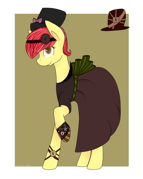 Size: 800x1000 | Tagged: safe, artist:nerri-shine, derpibooru import, apple bloom, pony, clothes, dress, female, filly, hat, image, png, solo, steampunk