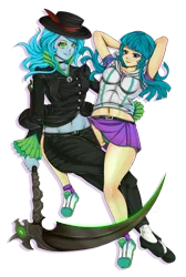 Size: 1280x1908 | Tagged: safe, artist:jennobasilicum, derpibooru import, juniper montage, queen chrysalis, equestria girls, belly button, belt, choker, clothes, duo, equestria girls-ified, eyeshadow, feather, fedora, female, green underwear, grin, hat, hoodie, hug, image, makeup, midriff, panties, png, scythe, simple background, skirt, smiling, socks, suit, transparent background, underwear, upskirt