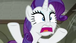 Size: 1280x720 | Tagged: safe, derpibooru import, screencap, rarity, pony, unicorn, season 6, the saddle row review, female, image, mare, marshmelodrama, open mouth, png, rarity being rarity, solo