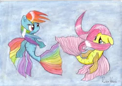 Size: 960x678 | Tagged: safe, artist:candycorn2424, derpibooru import, fluttershy, rainbow dash, pegasus, pony, sea pony, dorsal fin, female, fins, fish tail, flowing mane, flowing tail, green eyes, image, jpeg, looking at each other, pink eyes, pink mane, seaponified, signature, simple background, smiling, species swap, tail, underwater, water