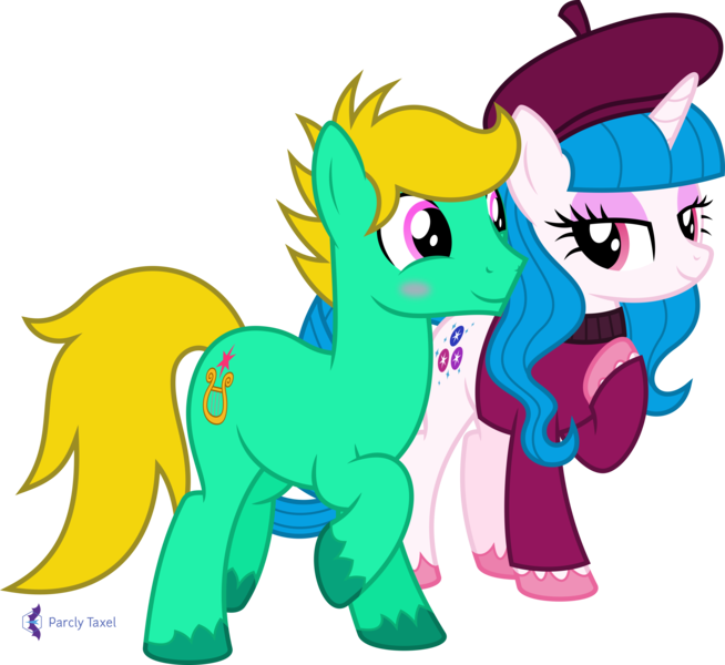 Size: 4468x4096 | Tagged: safe, artist:parclytaxel, derpibooru import, oc, oc:bijou sapphire, oc:david starlyre, unofficial characters only, earth pony, pony, unicorn, .svg available, absurd resolution, beret, blushing, clothes, eye contact, female, flirting, hat, image, lidded eyes, looking at each other, male, mare, monthly reward, png, pointing at self, raised hoof, shirt, simple background, smiling, stallion, transparent background, unshorn fetlocks, vector, walking