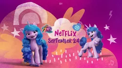 Size: 2048x1152 | Tagged: safe, derpibooru import, official, izzy moonbow, pony, unicorn, abstract background, cutie mark, female, g5, image, mare, my little pony logo, netflix, png, pony history, self ponidox, youtube banner