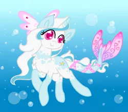 Size: 722x632 | Tagged: safe, artist:holambaoduyen, derpibooru import, oc, merpony, pony, bubble, crepuscular rays, dorsal fin, eyelashes, female, fish tail, flowing mane, flowing tail, image, looking at you, pink eyes, png, smiling, solo, sunlight, swimming, tail, white mane, wingding eyes