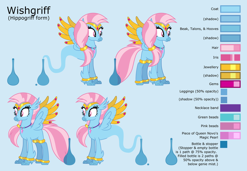 Size: 10046x6954 | Tagged: safe, artist:ethanjacobsyrosca, derpibooru import, oc, oc:wishgriff, unofficial characters only, classical hippogriff, genie, hippogriff, absurd resolution, blue background, bottle, bracelet, circlet, classical hippogriff oc, clothes, female, hippogriff oc, image, jewelry, leggings, necklace, not silverstream, png, redesign, reference sheet, simple background, solo, vector, wing jewelry