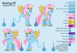 Size: 10046x6954 | Tagged: safe, artist:ethanjacobsyrosca, derpibooru import, oc, oc:wishgriff, unofficial characters only, classical hippogriff, genie, hippogriff, absurd resolution, blue background, bottle, bracelet, circlet, classical hippogriff oc, clothes, female, hippogriff oc, image, jewelry, leggings, necklace, not silverstream, png, redesign, reference sheet, simple background, solo, vector, wing jewelry