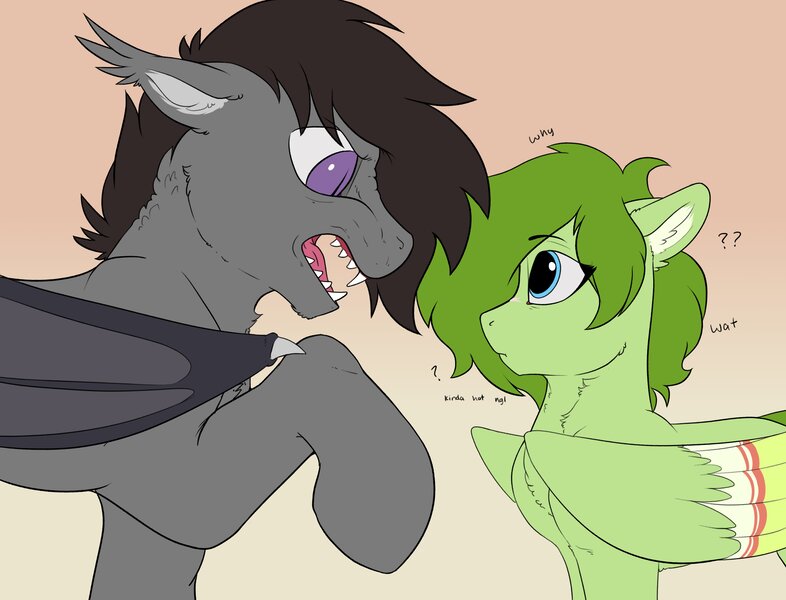 Size: 4096x3125 | Tagged: safe, artist:cold blight, derpibooru import, oc, oc:lief, oc:windwalker, unofficial characters only, bat pony, pegasus, pony, angry, bat pony oc, bat wings, chest fluff, ear fluff, image, jpeg, sharp teeth, slitted eyes, teeth, windsong, wings