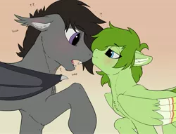 Size: 4096x3125 | Tagged: safe, artist:cold blight, derpibooru import, oc, oc:lief, oc:windwalker, unofficial characters only, bat pony, pegasus, pony, bat pony oc, bat wings, blushing, chest fluff, ear fluff, image, jpeg, kissing, nose kiss, sharp teeth, slitted eyes, teeth, windsong, wings
