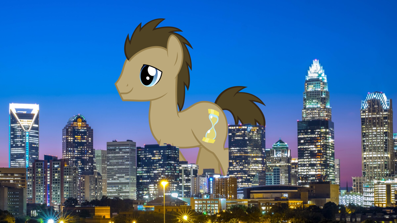 Size: 2048x1152 | Tagged: safe, artist:sirmlp1, derpibooru import, doctor whooves, time turner, pony, charlotte, giant pony, highrise ponies, image, irl, macro, north carolina, photo, png, ponies in real life