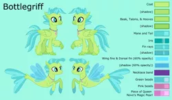 Size: 4269x2474 | Tagged: safe, artist:ethanjacobsyrosca, derpibooru import, oc, oc:bottlegriff, unofficial characters only, classical hippogriff, hippogriff, sea pony, seapony (g4), classical hippogriff oc, green background, high res, hippogriff oc, image, jewelry, male, necklace, not terramar, png, reference sheet, seapony oc, simple background, solo, vector