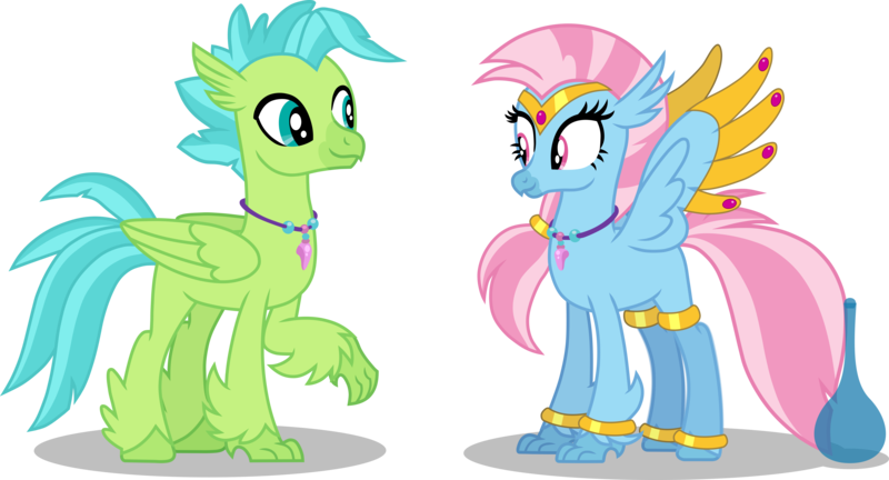 Size: 8604x4642 | Tagged: safe, artist:ethanjacobsyrosca, derpibooru import, oc, oc:bottlegriff, oc:wishgriff, unofficial characters only, classical hippogriff, genie, hippogriff, absurd resolution, bottle, bracelet, brother and sister, circlet, classical hippogriff oc, clothes, female, fraternal twins, hippogriff oc, image, jewelry, leggings, male, necklace, not silverstream, not terramar, png, shadow, siblings, simple background, transparent background, vector, wing jewelry