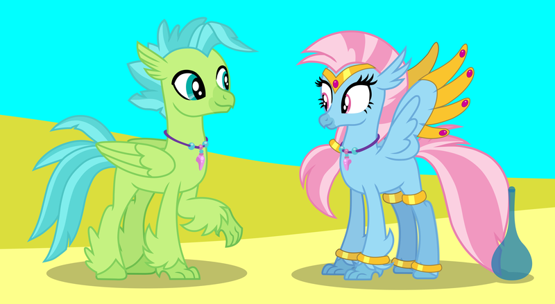 Size: 9419x5168 | Tagged: safe, artist:ethanjacobsyrosca, derpibooru import, oc, oc:bottlegriff, oc:wishgriff, unofficial characters only, classical hippogriff, genie, hippogriff, absurd resolution, bottle, bracelet, brother and sister, circlet, classical hippogriff oc, clothes, desert, female, fraternal twins, hippogriff oc, image, jewelry, leggings, male, necklace, not silverstream, not terramar, png, sand, shadow, siblings, vector, wing jewelry