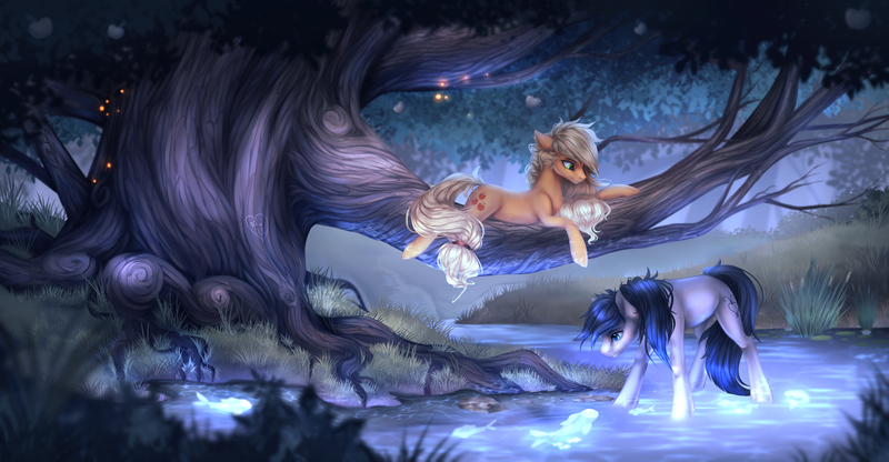 Size: 8769x4560 | Tagged: safe, artist:nettlemoth, derpibooru import, applejack, oc, oc:constance everheart, earth pony, firefly (insect), fish, insect, pony, canon x oc, everjack, female, forest, image, male, png, river, shipping, straight, tree, tree branch