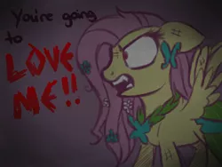 Size: 1024x768 | Tagged: safe, artist:potatogirlivy, derpibooru import, fluttershy, pegasus, the best night ever, angry, clothes, deviantart watermark, dialogue, dress, female, gala dress, image, jpeg, messy mane, obtrusive watermark, open mouth, red eyes, sharp teeth, solo, talking, teeth, torn clothes, watermark, yelling