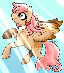 Size: 1400x1600 | Tagged: safe, artist:potatogirlivy, derpibooru import, oc, oc:peach primrose, unofficial characters only, pegasus, pony, female, flying, image, png, sky, smiling, solo