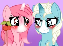 Size: 1400x1024 | Tagged: safe, artist:potatogirlivy, derpibooru import, oc, oc:heart blossom, oc:snow spell, unofficial characters only, pony, unicorn, blushing, duo, female, females only, image, looking at each other, png, smiling