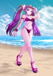Size: 3312x4800 | Tagged: suggestive, alternate version, artist:rileyav, derpibooru import, aria blaze, equestria girls, anklet, armlet, beach, beach babe, belly button, bikini, bikini babe, bracelet, breasts, busty aria blaze, cleavage, clothes, commission, curvy, disguise, disguised siren, eyelashes, eyeshadow, female, hair tie, high heels, high res, hourglass figure, image, jewelry, legs, lips, long hair, looking at you, makeup, midriff, nail polish, ocean, outdoors, pigtails, png, sand, sandals, shoes, slit eyes, solo, solo female, stupid sexy aria blaze, sunglasses, sunglasses on head, swimsuit, thighs, thong swimsuit, toenail polish, twintails