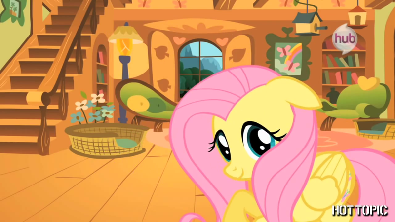 Size: 1280x720 | Tagged: safe, derpibooru import, fluttershy, cute, floppy ears, fluttershy's cottage, hot minute, hot topic, hub logo, image, interview, looking at you, png, shy, shyabetes, solo