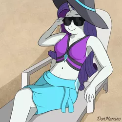 Size: 5000x5000 | Tagged: safe, artist:donmarcino, derpibooru import, rarity, anthro, unicorn, beach, breasts, chair, clothes, day, equestria girls outfit, eyewear, front view, hat, horn, image, lying, outdoors, png, sand, short shirt, signature, simple background, skirt, smiling, solo, summer, sunglasses
