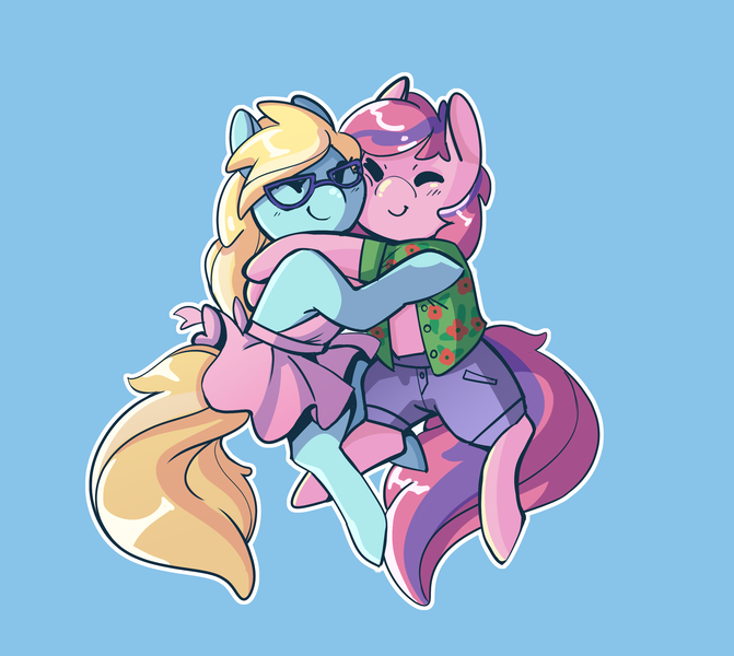 Size: 2732x2444 | Tagged: safe, artist:rubyrue, derpibooru import, oc, oc:cloud cuddler, oc:sweet haze, unofficial characters only, earth pony, pegasus, pony, blushing, chibi, clothes, dress, earth pony oc, eyes closed, female, glasses, hug, image, male, pants, pegasus oc, png, shirt, simple background, smiling, wings