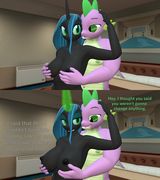 Size: 1920x2160 | Tagged: questionable, artist:papadragon69, derpibooru import, queen chrysalis, spike, anthro, 3d, breast expansion, breast fondling, breast grab, breasts, busty queen chrysalis, chryspike, female, gigachad spike, grope, growth, image, male, nipples, nudity, older, older spike, png, reversalis, shipping, source filmmaker, straight