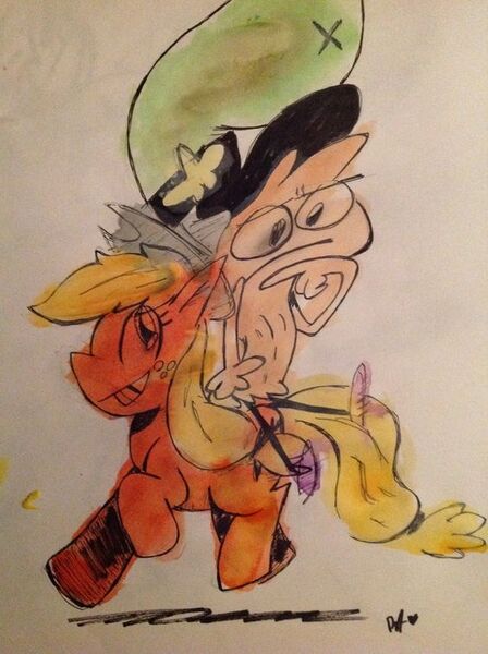 Size: 564x755 | Tagged: artist needed, safe, derpibooru import, applejack, applejack's hat, cowboy hat, crossover, friendshipping, hat, image, jpeg, pony ride, thinking, traditional art, wander over yonder, wander (wander over yonder)