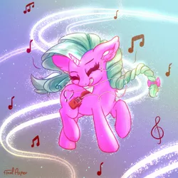 Size: 2000x2000 | Tagged: safe, artist:finalaspex, derpibooru import, oc, oc:minty joy, unofficial characters only, pony, unicorn, dancing, earbuds, female, happy, image, jpeg, mare, mp3 player, music, smilling, solo
