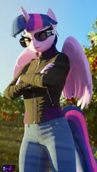 Size: 2160x3840 | Tagged: safe, artist:shadowboltsfm, derpibooru import, twilight sparkle, alicorn, anthro, plantigrade anthro, 3d, 4k, aviator glasses, blender, clothes, crossed arms, eyelashes, image, jacket, jeans, not sfm, pants, png, sun ray, twilight sparkle (alicorn)