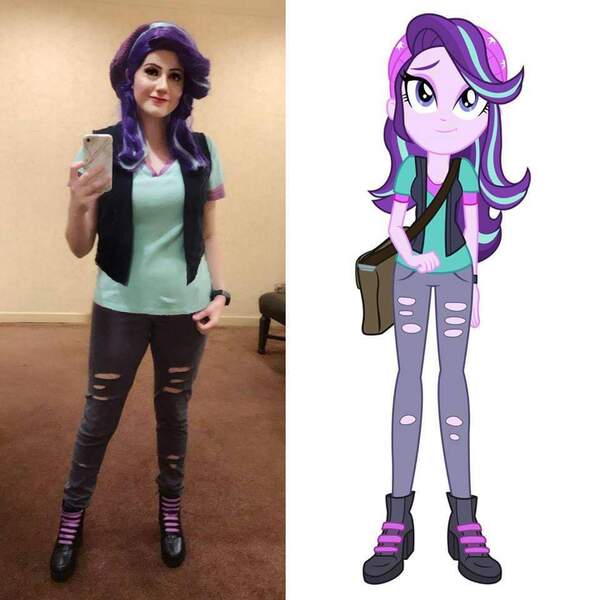 Size: 960x960 | Tagged: safe, artist:sarahndipity cosplay, derpibooru import, starlight glimmer, human, equestria girls, beanie, clothes, comparison, cosplay, costume, hat, image, irl, irl human, jpeg, pants, photo, ripped pants, torn clothes, vest