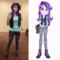 Size: 960x960 | Tagged: safe, artist:sarahndipity cosplay, derpibooru import, starlight glimmer, human, equestria girls, beanie, clothes, comparison, cosplay, costume, hat, image, irl, irl human, jpeg, pants, photo, ripped pants, torn clothes, vest