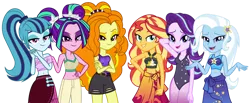 Size: 1024x421 | Tagged: safe, artist:binco_293, artist:emeraldblast63, artist:rileyav, derpibooru import, adagio dazzle, aria blaze, sonata dusk, starlight glimmer, sunset shimmer, trixie, equestria girls, equestria girls series, forgotten friendship, belly button, clothes, female, image, one-piece swimsuit, png, sarong, simple background, swimsuit, transparent background