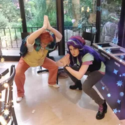 Size: 960x960 | Tagged: safe, artist:sarahndipity cosplay, artist:shelbeanie, derpibooru import, starlight glimmer, sunburst, human, beanie, clothes, cosplay, costume, duo, hat, image, irl, irl human, jpeg, pants, photo, ripped pants, torn clothes