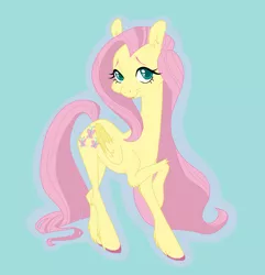 Size: 1575x1633 | Tagged: safe, artist:twistygrins, derpibooru import, fluttershy, pegasus, pony, colored hooves, crossed hooves, elbow fluff, female, folded wings, head turned, hoof fluff, image, jpeg, looking at you, mare, outline, simple background, smiling, solo, standing, teal background, three quarter view, unshorn fetlocks, wings