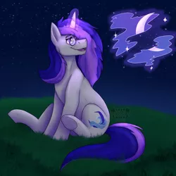 Size: 1500x1500 | Tagged: safe, artist:sursiq, derpibooru import, oc, oc:ephemeris tides, unofficial characters only, pony, unicorn, cutie mark, eyelashes, female, glasses, glowing horn, grass, hooves, horn, image, magic, mare, moon, multicolored hair, multicolored mane, multicolored tail, night, open mouth, outdoors, png, sitting, sitting on grass, smiling, solo, stars, underhoof, unicorn oc, using magic, watermark, wingding eyes