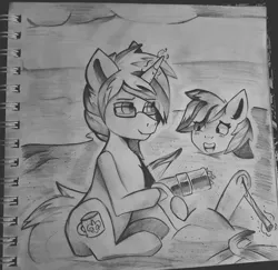 Size: 5724x5568 | Tagged: suggestive, artist:freak-side, derpibooru import, oc, oc:marquis majordome, oc:windy barebow evergreen, unofficial characters only, pegasus, pony, unicorn, beach, blushing, bow (weapon), buried in sand, female, glasses, glowing horn, hoof massage, hoof tickling, hoof wraps, horn, image, jpeg, laughing, magic, male, mare, massage, pencil drawing, sand, shore, stallion, stick, tickle torture, tickling, traditional art