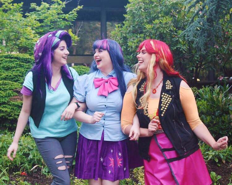 Size: 960x768 | Tagged: safe, artist:maddymoiselle, artist:sarahndipity cosplay, artist:shelbeanie, derpibooru import, starlight glimmer, sunset shimmer, twilight sparkle, human, equestria girls, clothes, cosplay, costume, image, irl, irl human, jpeg, open mouth, pants, photo, ripped pants, torn clothes, trio