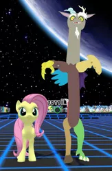 Size: 340x522 | Tagged: safe, derpibooru import, discord, fluttershy, draconequus, pony, image, moon, png, space, stars, video game, virtual reality