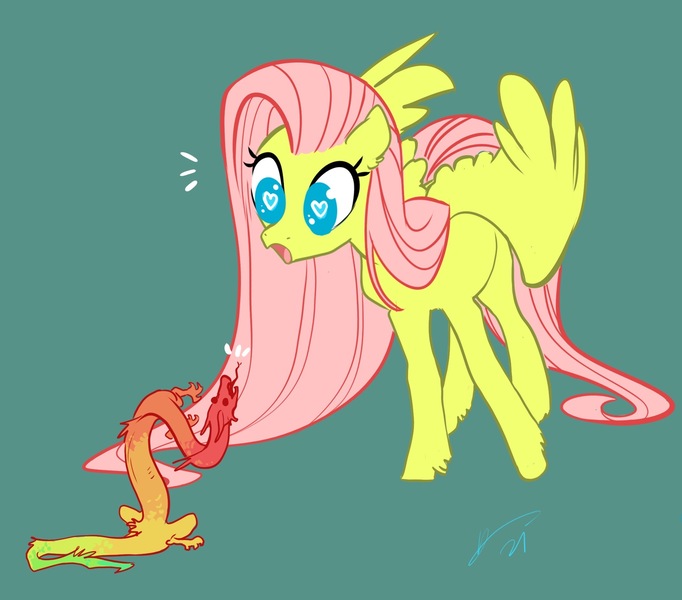 Size: 2104x1850 | Tagged: safe, artist:opalacorn, derpibooru import, fluttershy, draconequus, pegasus, pony, amazed, duo, emanata, female, heart eyes, image, jpeg, looking at each other, looking at someone, looking down, mare, meeting, open mouth, simple background, size difference, spread wings, standing, teal background, three quarter view, unshorn fetlocks, wingding eyes, wings