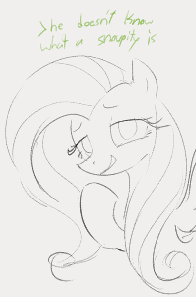 Size: 463x700 | Tagged: safe, artist:dotkwa, derpibooru import, fluttershy, pegasus, pony, female, greentext, image, lidded eyes, looking at you, mare, monochrome, png, sketch, smiling, smirk, snowpity, solo, text