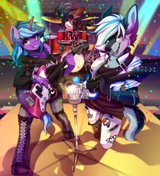 Size: 2478x2725 | Tagged: safe, artist:breioom, derpibooru import, oc, oc:aegis moonwalker, oc:crosswind, oc:vetica moralli, unofficial characters only, anthro, bird, pony, unicorn, wolf, band, concert, drum kit, drums, female, furry, furry oc, guitar, image, mare, microphone, music, musical instrument, png, stage, trio