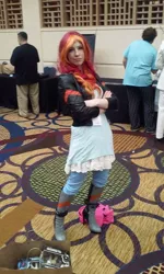 Size: 576x960 | Tagged: safe, artist:littlemissbloo, derpibooru import, sunset shimmer, human, babscon, babscon 2015, clothes, cosplay, costume, crossed arms, facebook, image, irl, irl human, jpeg, photo